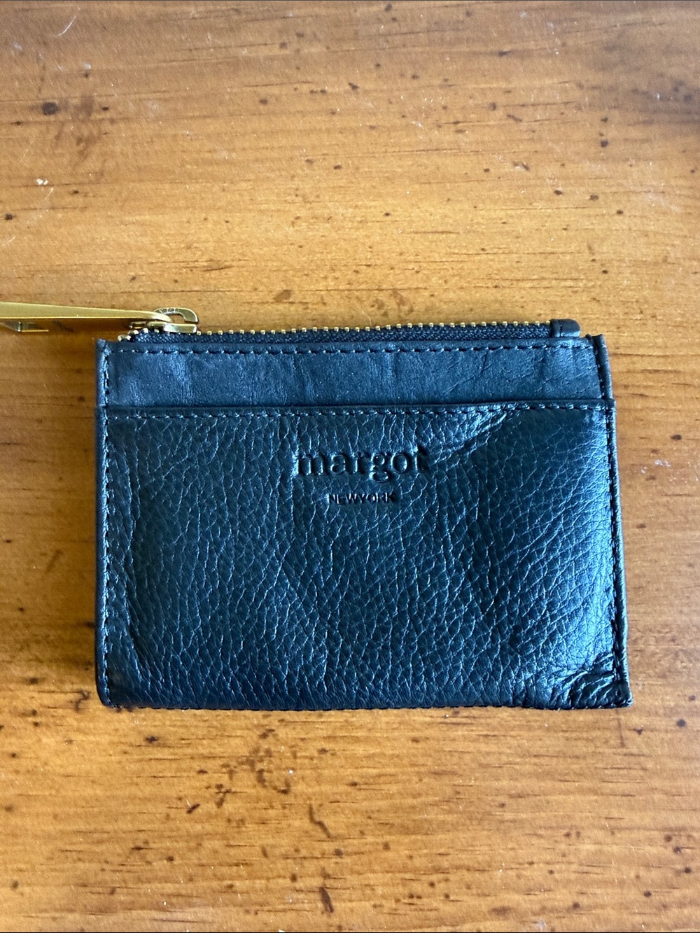 margot Black Leather Zip Card Holder with Gold Hardware